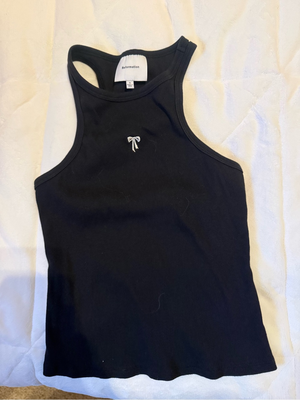 Reformation Black Ribbed Racerback Tank with Tiny White Bow